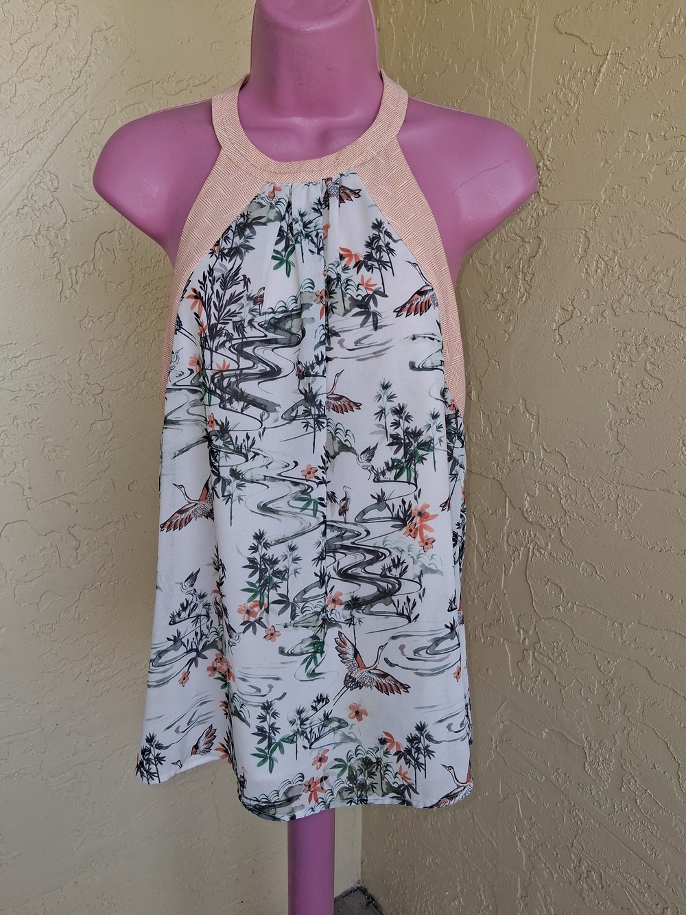 H&M Cream Top with Peach Trim and Botanical Print